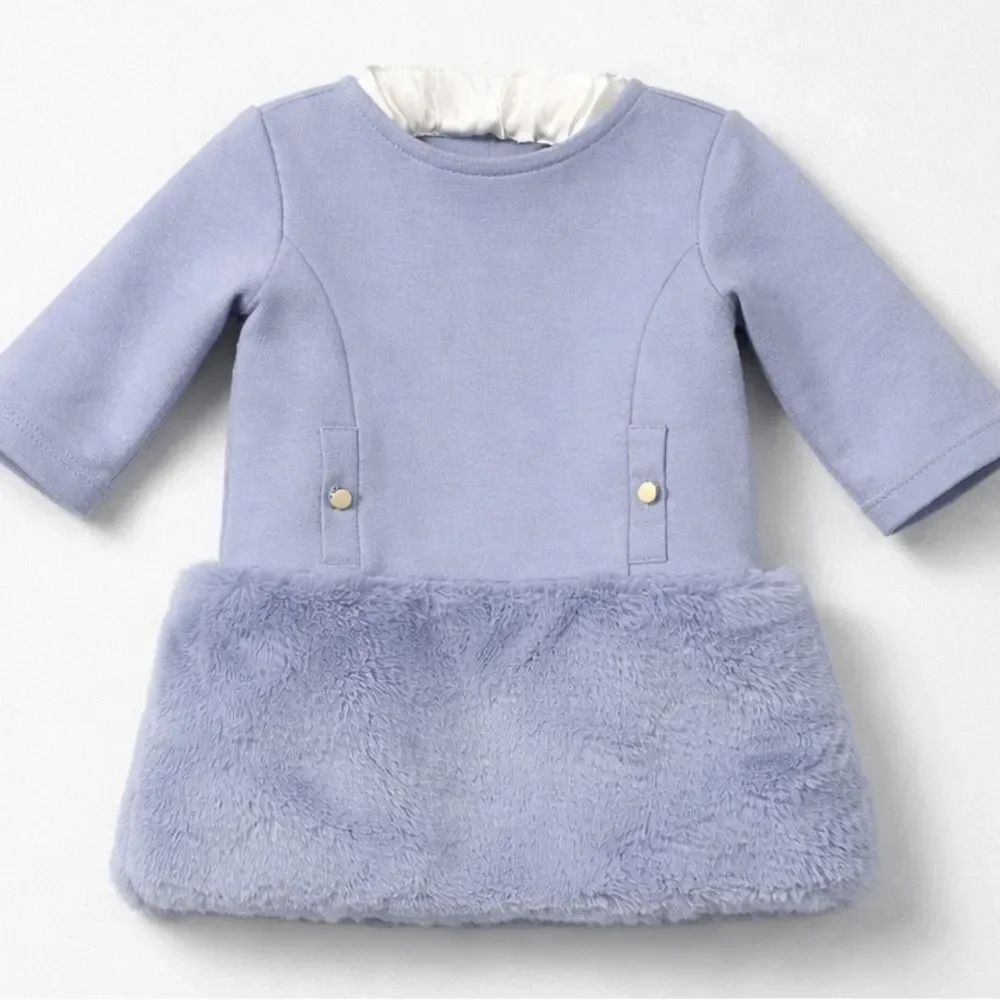 Janie and Jack blue long sleeve knit shift dress with faux fur skirt size 12-18m